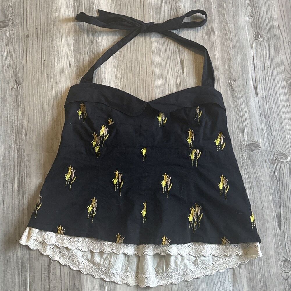 Anthropologie Floreat Cottagecore Eyelet Halter Top Embroidered Floral Size 12